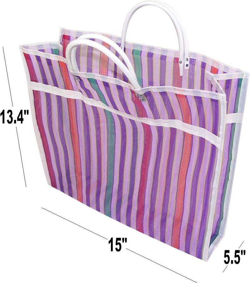 More Fiesta Pack of 3 Large Size Gusseted Mercado Bags - Mexican Tote Market Reusable Grocery Bag, Multipurpose High Thread Mesh Bag with Assorted Colors (13" x 15") - Image 2
